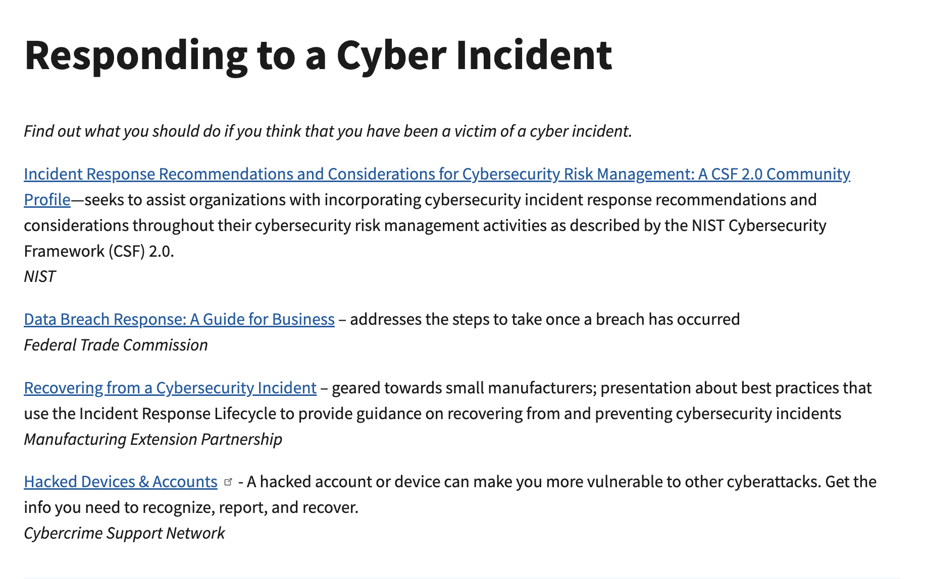 NIST's cyber incident response page